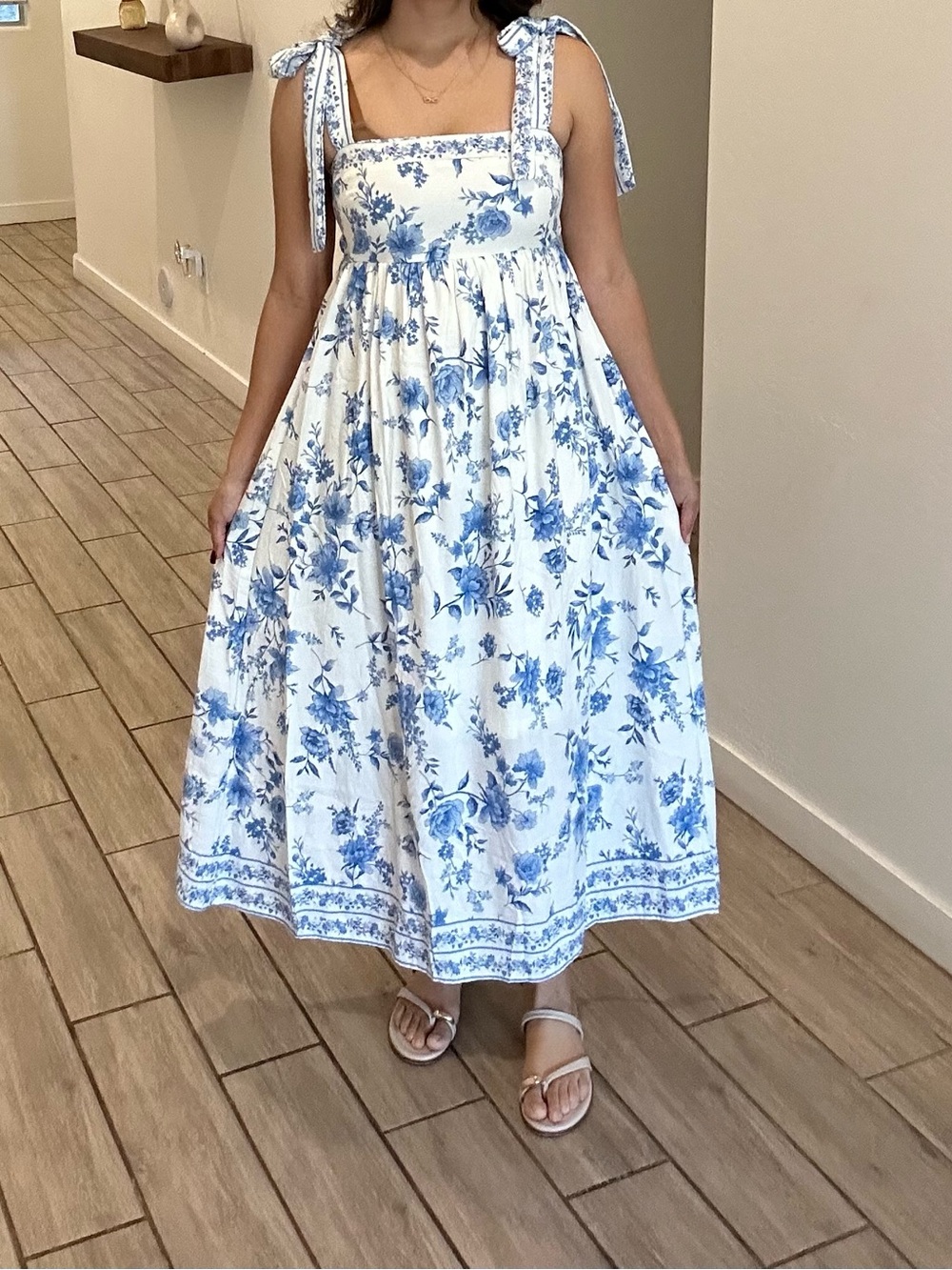 Blu Pepper Blue White Floral Midi Dress Tie Strap Smocked Toile CR2941B